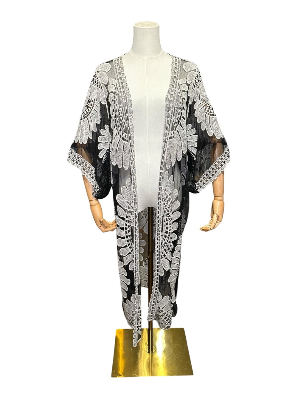 Black & White Embroidered Swim Cover-Up Kimono - Picture 2 of 9